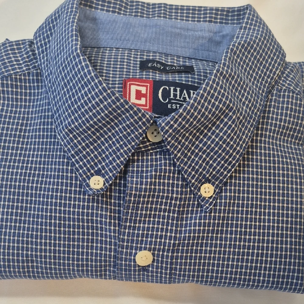 Chaps Navy and White Plaid Men's Shirt - Picture 13 of 13